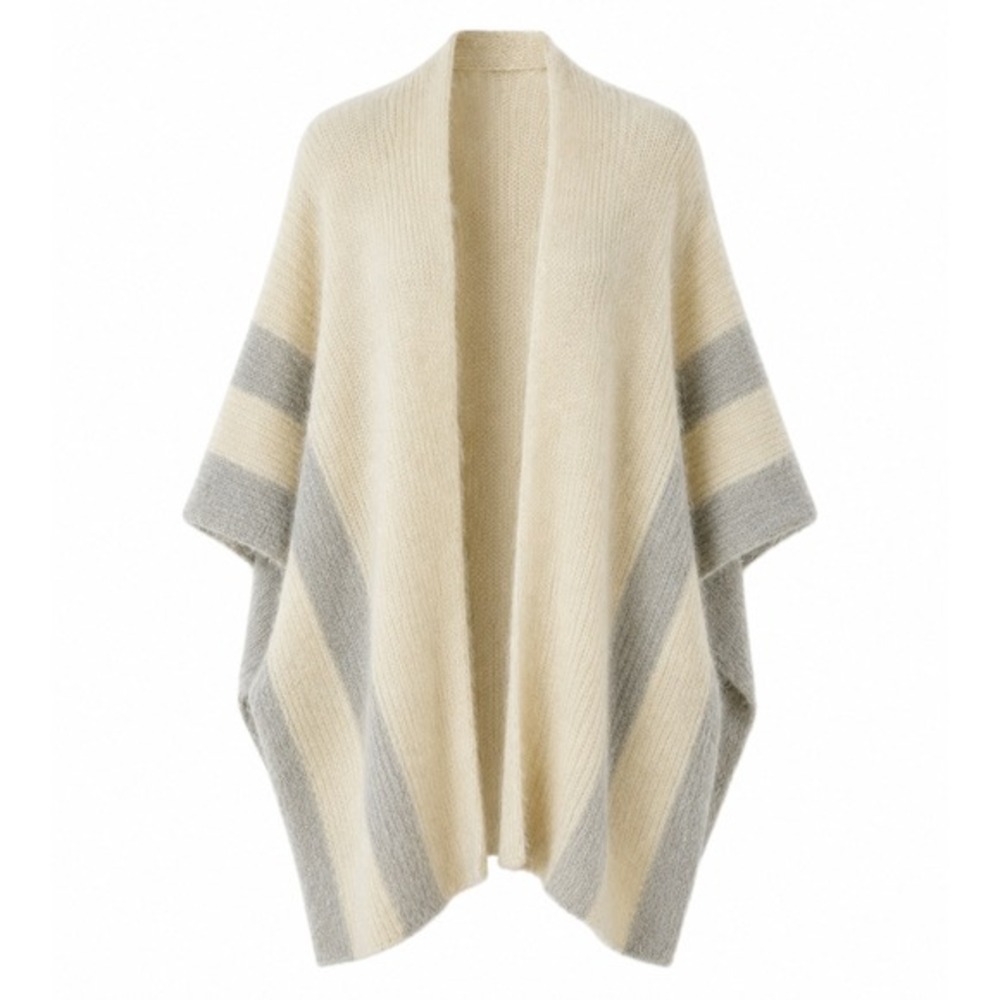 Saturday Sunday Anthropologie Ivory Gray Striped Fuzzy Knit Poncho Wrap Cardigan